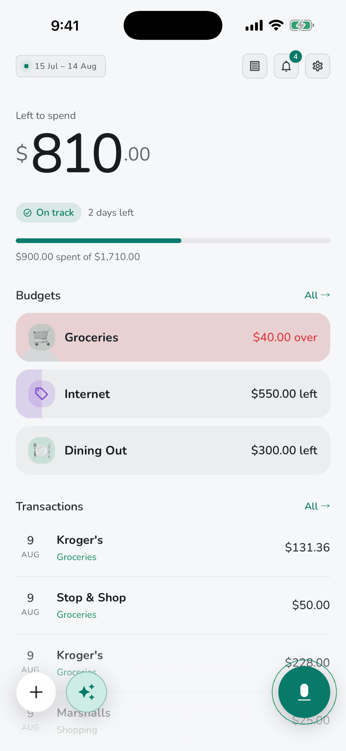The SimplifyPocket dashboard showing what's left in each budget